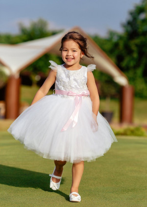 Feifei Sleeves White Lace Tulle Tutu Flower Girl Dress
